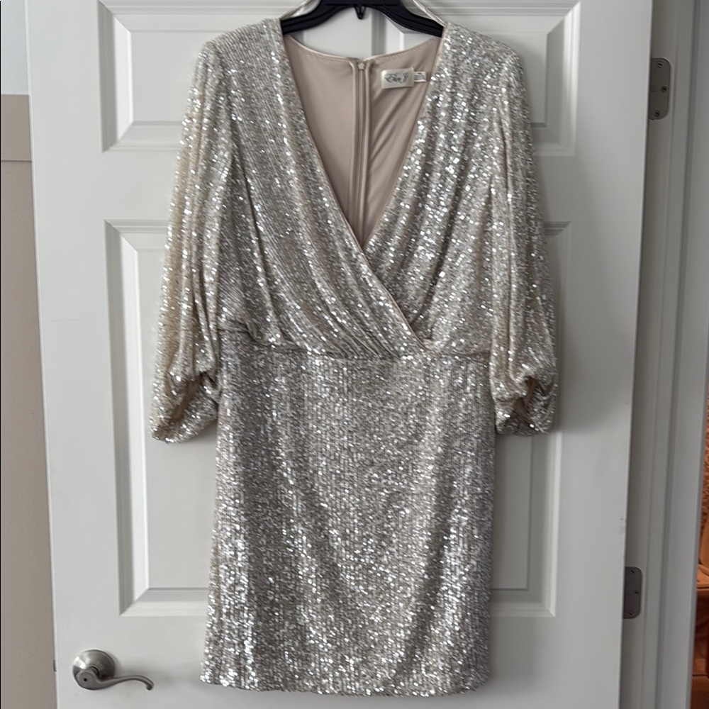 Eliza J Silver Sequin Wrap Dress with Bishop Sleeves